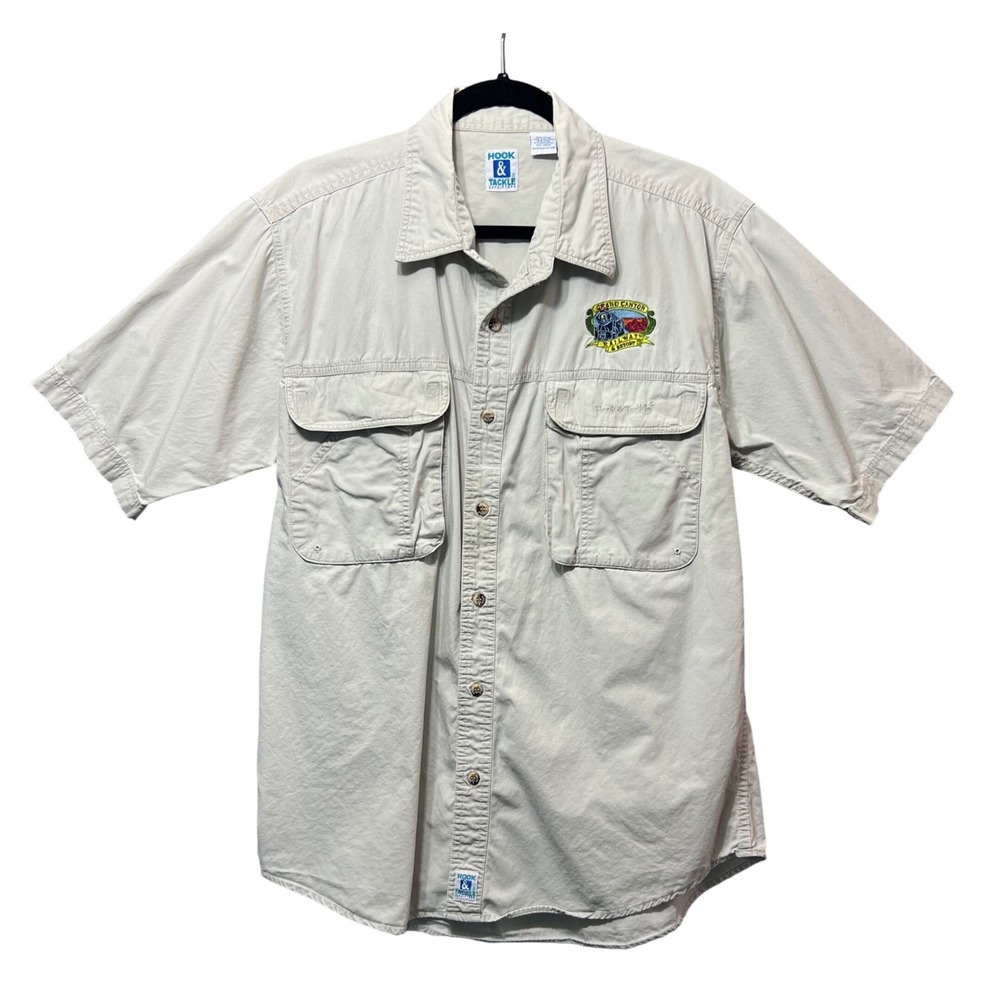 Vintage Hook & Tackle Grand Canyon Railway Fishing‎ Shirt Men M Khaki 90s Cotton